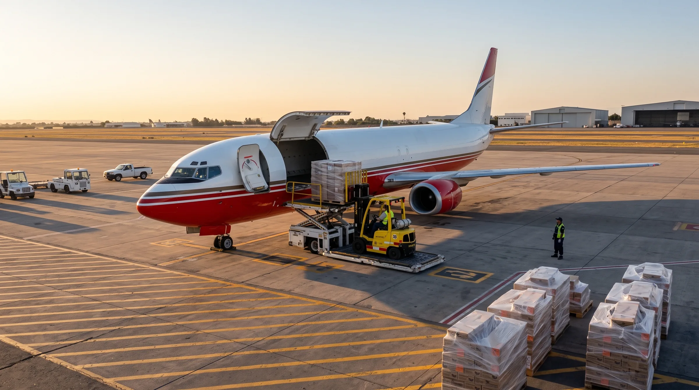 Montacargas posicionando pallets junto al avión de carga