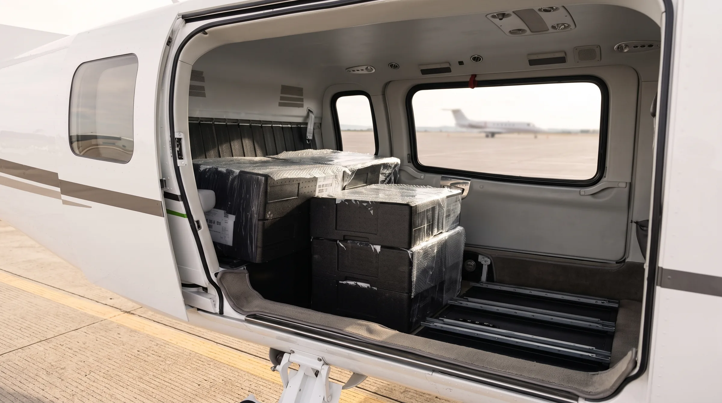 Cajas aseguradas en cabina de turbohélice
