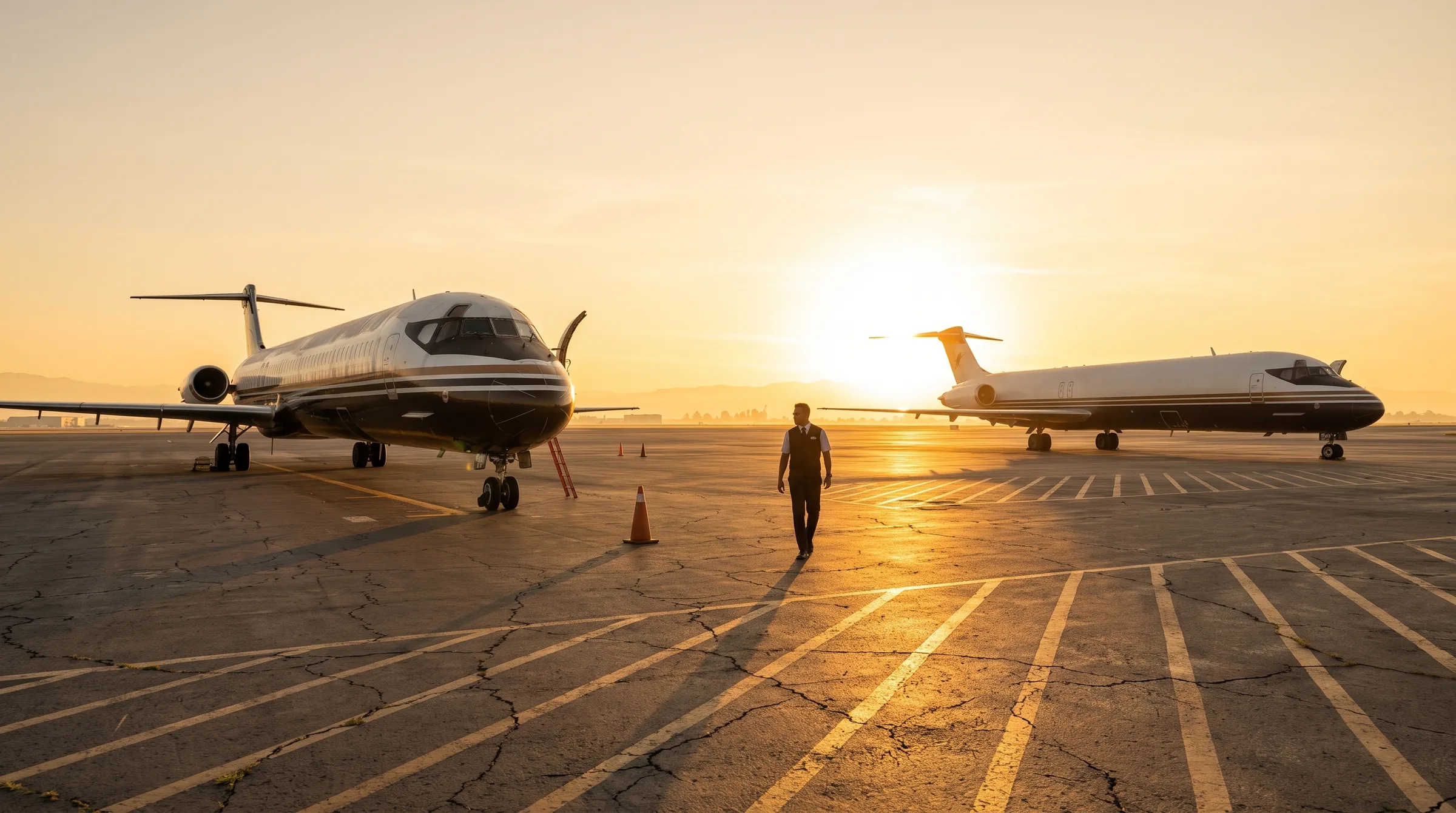 Aeronaves de carga en plataforma al amanecer